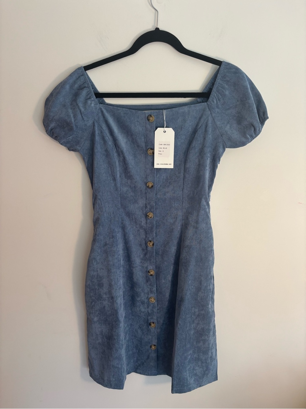 Sm Wardrobe Blue Thin Wale Corduroy Puff-Sleeve Button-Front Dress